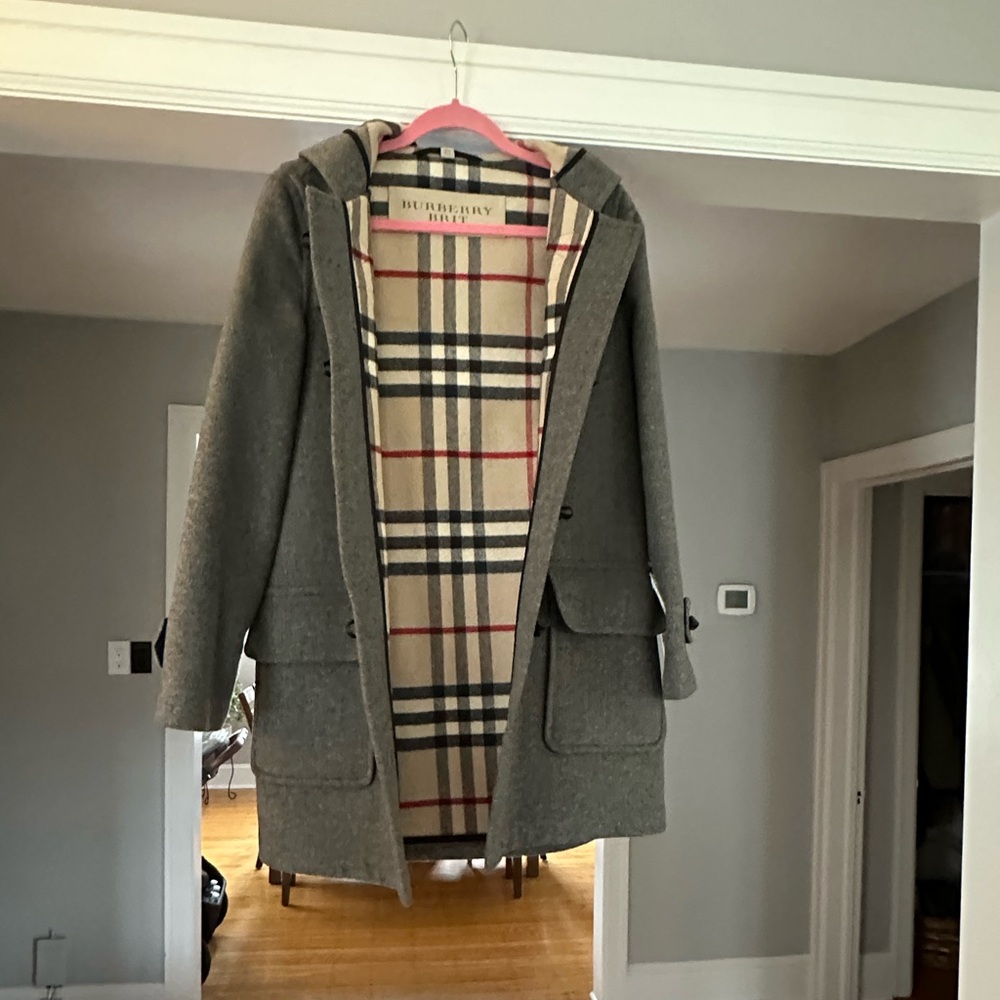 Burberry Grey Wool Toggle Coat with Hood